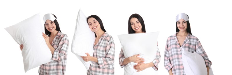 Collage with photos of young woman holding soft pillows on white background. Banner design