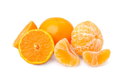 Photo of Fresh ripe juicy tangerines on white background