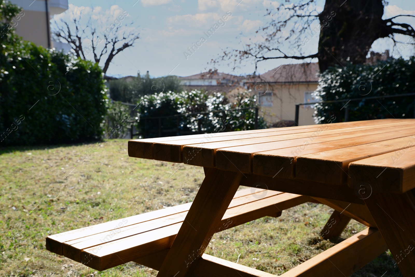 Photo of Empty wooden picnic table with bench in backyard on sunny day