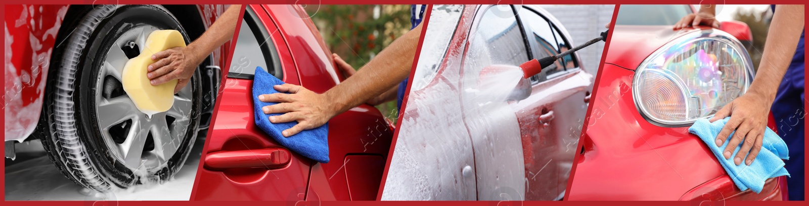 Image of Collage of people cleaning automobiles at car wash, closeup. Banner design