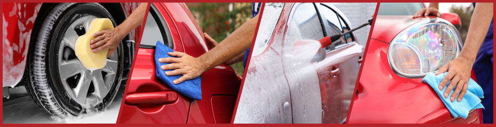Image of Collage of people cleaning automobiles at car wash, closeup. Banner design