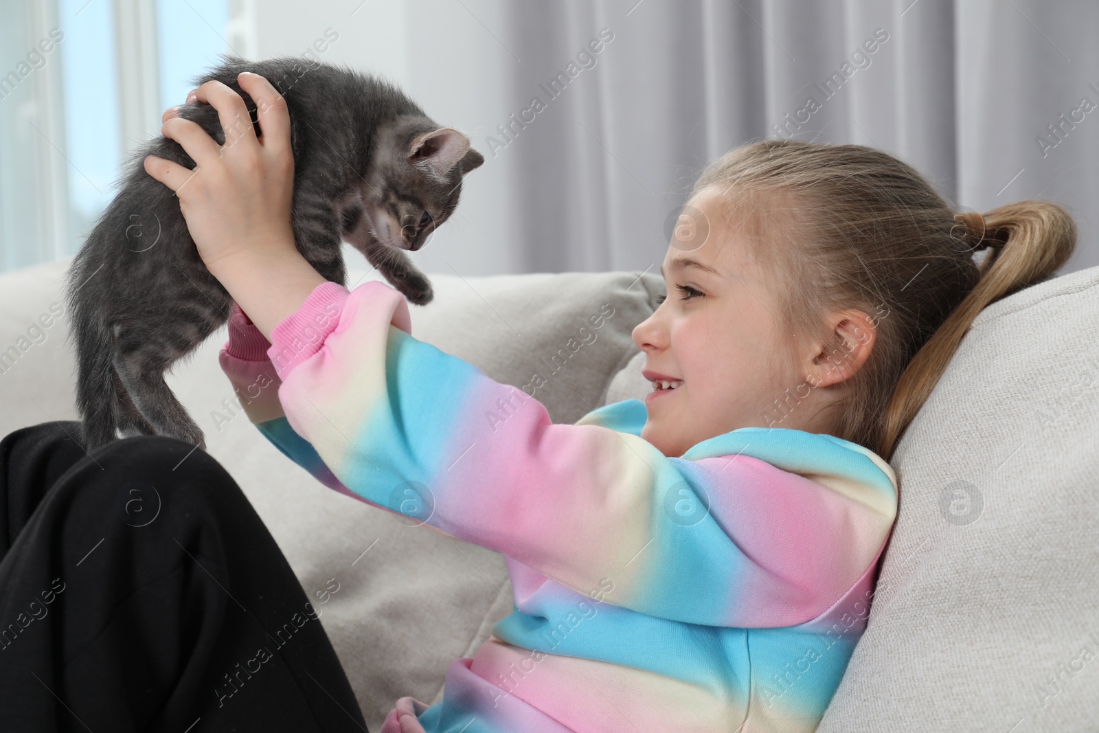 Photo of Little girl with cute fluffy kitten on sofa indoors