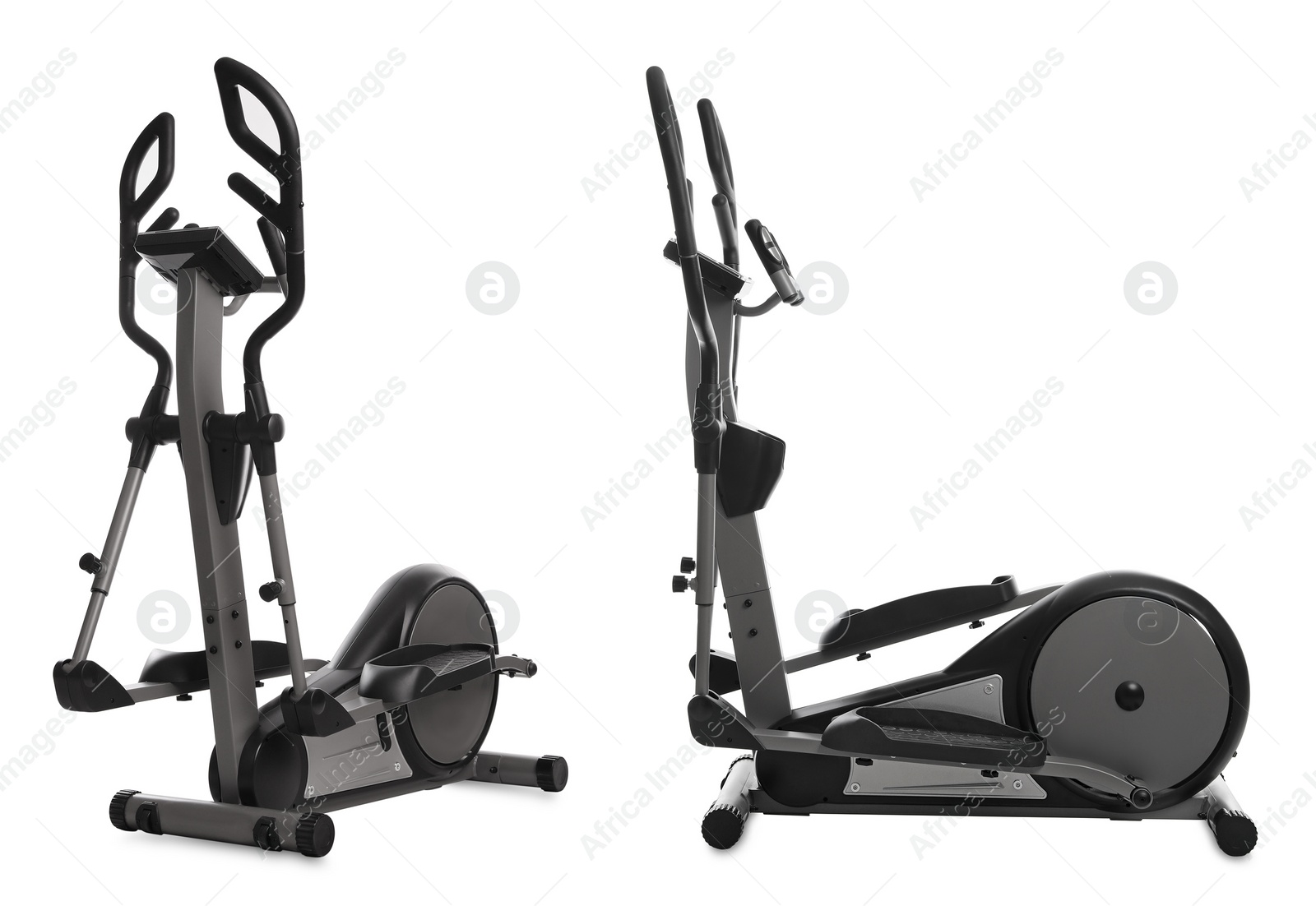 Image of Modern elliptical machines on white background, collage