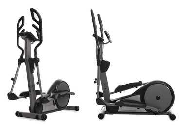 Image of Modern elliptical machines on white background, collage