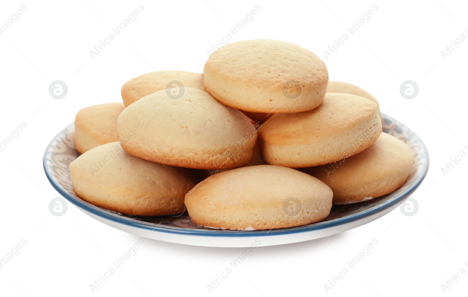 Photo of Plate with cookies for Islamic holidays isolated on white. Eid Mubarak