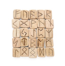 Photo of Many wooden runes isolated on white, top view