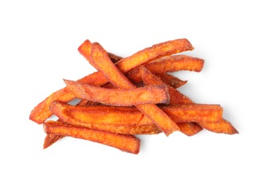 Delicious sweet potato fries on white background