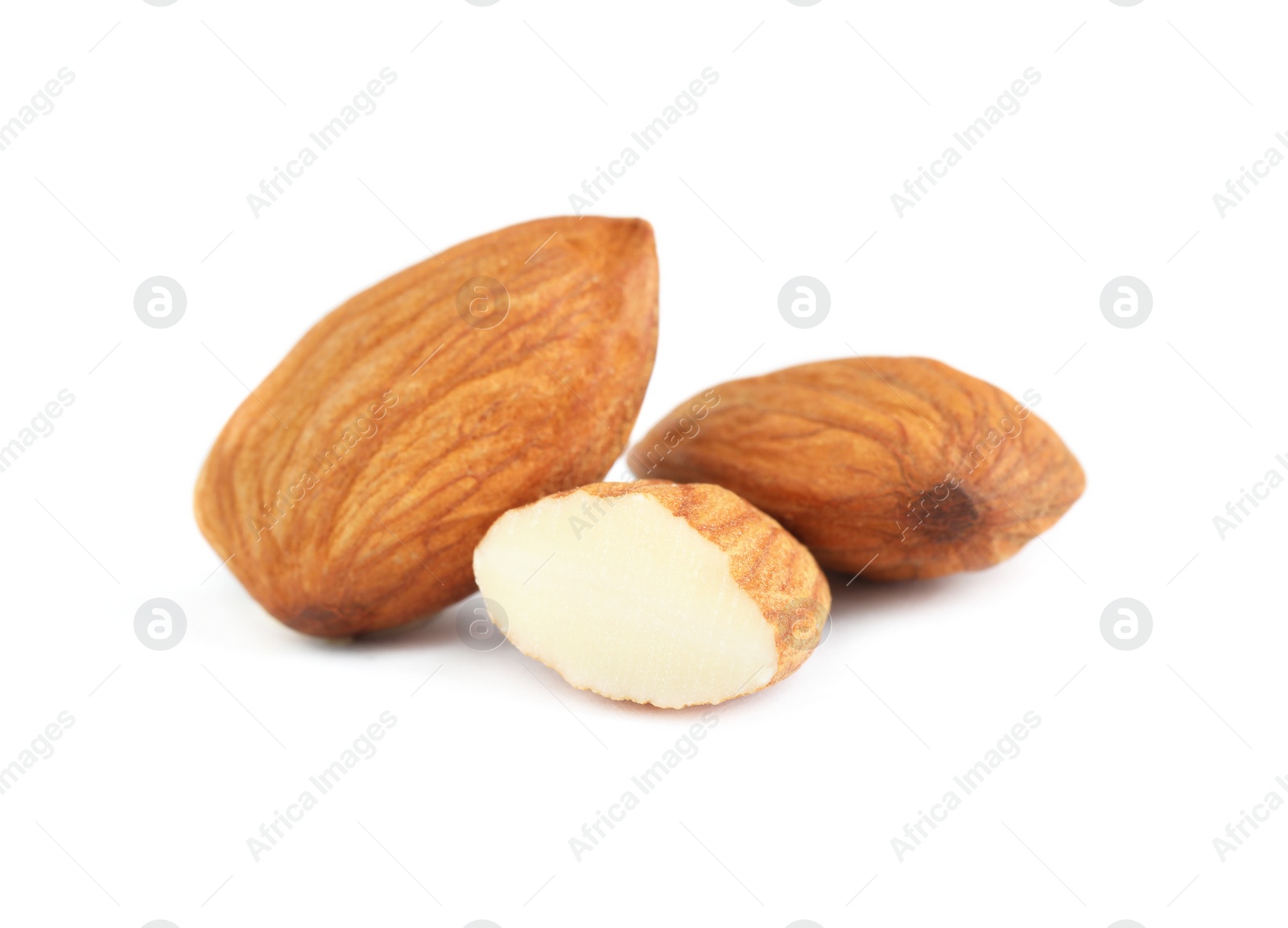 Photo of Organic almond nuts on white background. Healthy snack