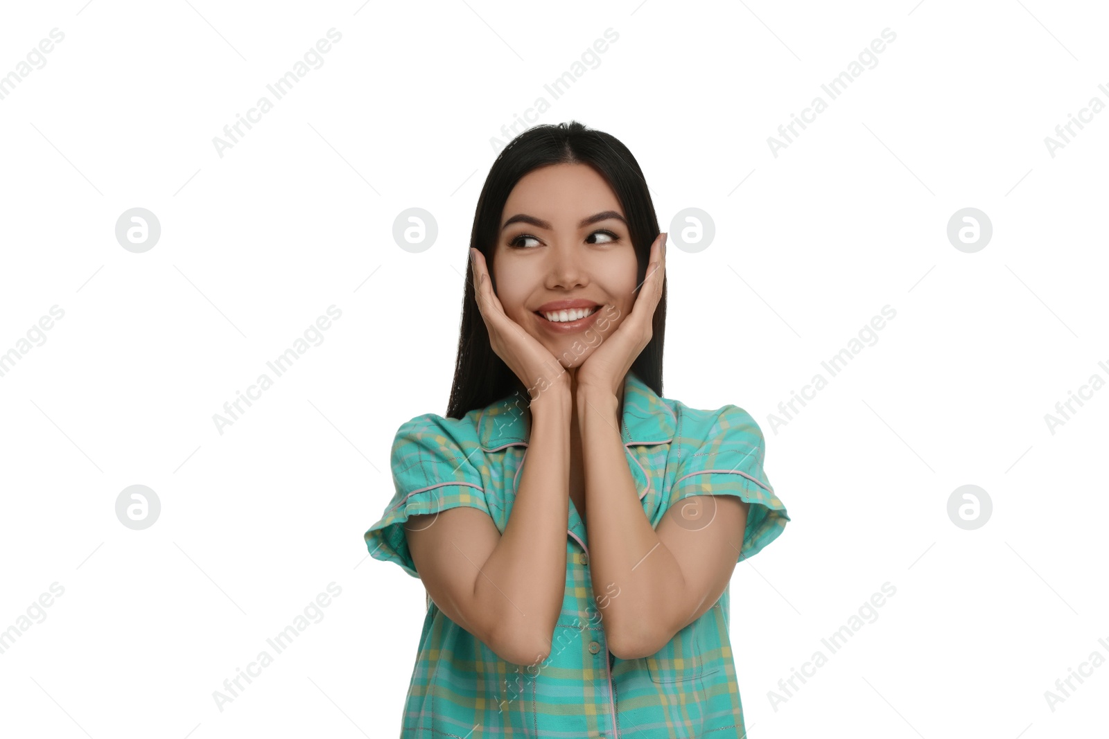 Photo of Beautiful Asian woman wearing pajamas on white background. Bedtime