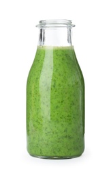 Photo of Bottle with delicious detox smoothie on white background