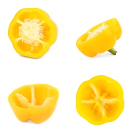 Image of Set of fresh cut yellow bell peppers isolated on white