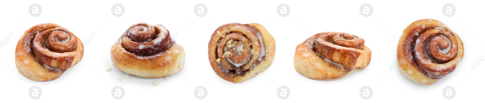 Image of Tasty cinnamon rolls isolated on white, set