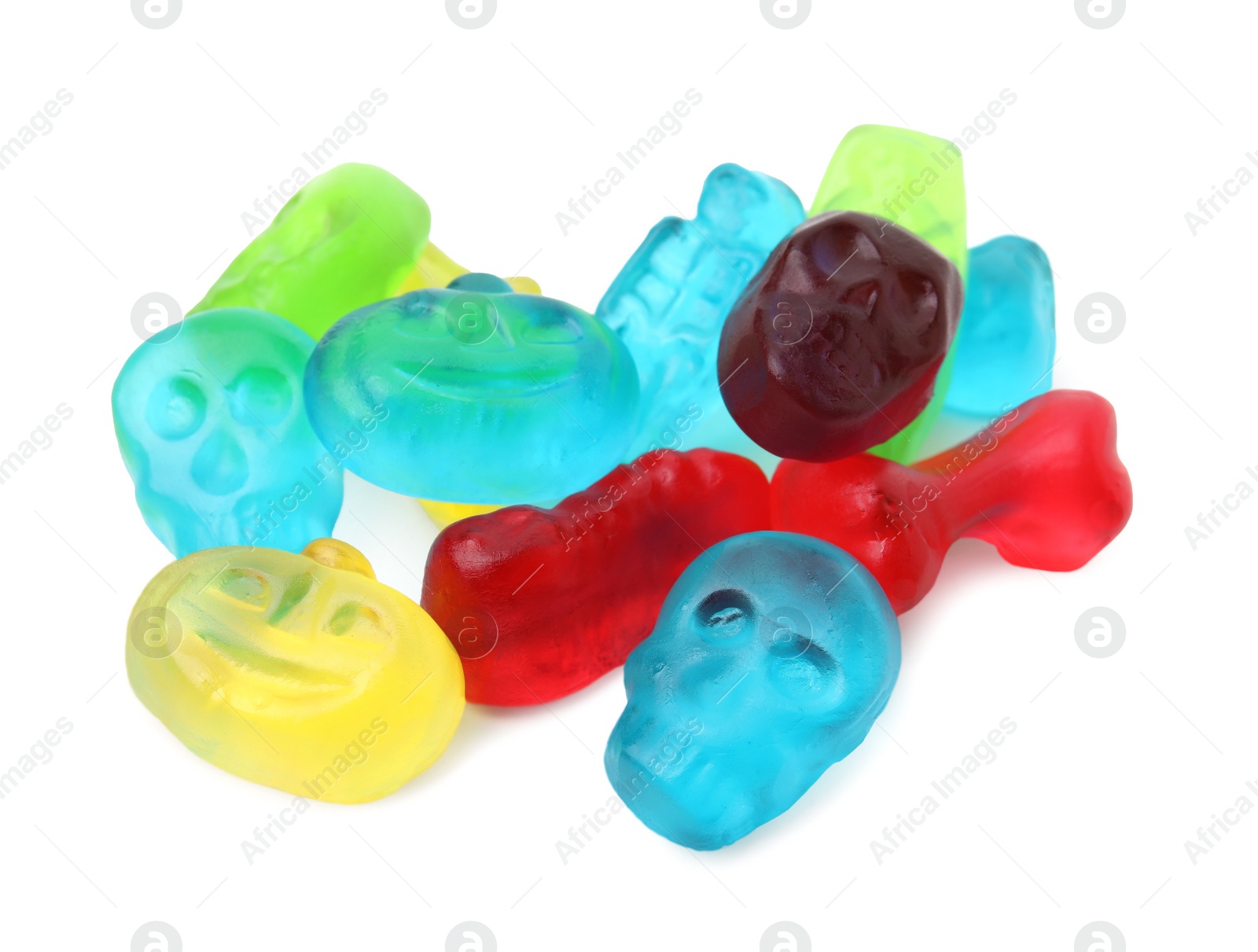 Photo of Delicious colorful candies on white background. Halloween sweets