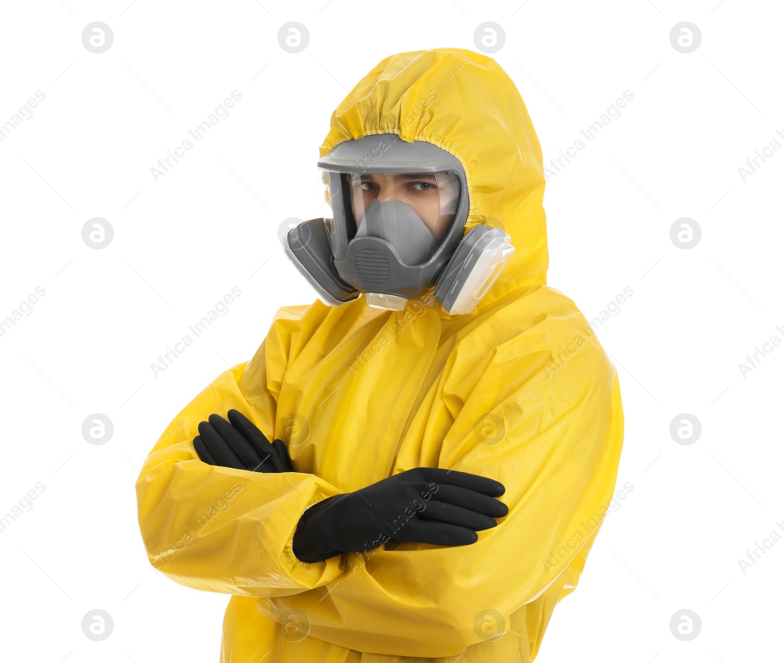 Photo of Man wearing chemical protective suit on white background. Prevention of virus spread