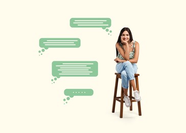 Image of Beautiful young woman sitting on stool against light background. Dialogue bubbles near her