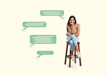 Beautiful young woman sitting on stool against light background. Dialogue bubbles near her