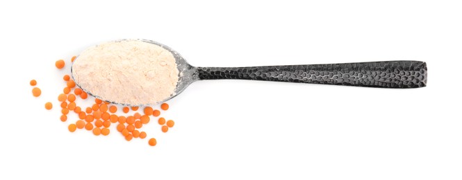 Spoon of lentil flour and grains on white background, top view