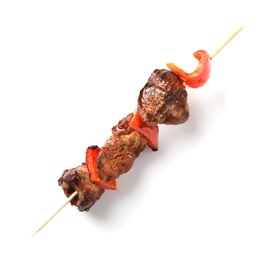 Photo of Skewer with delicious barbecued meat and pepper on white background, top view