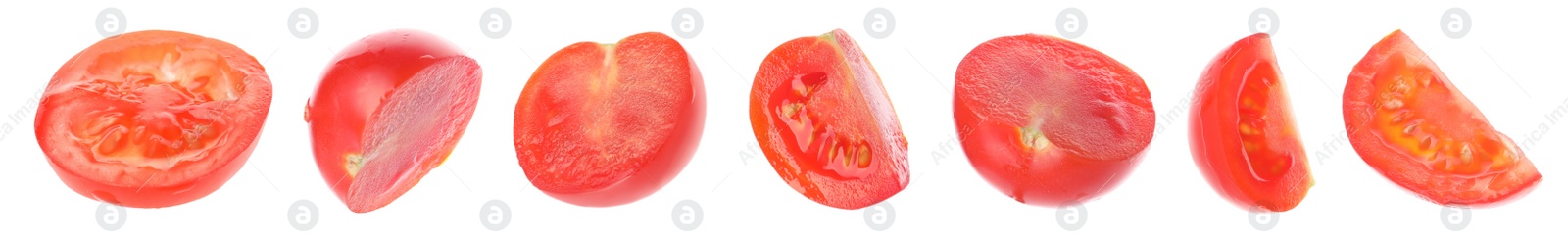 Image of Cut cherry tomatoes on white background. Banner design