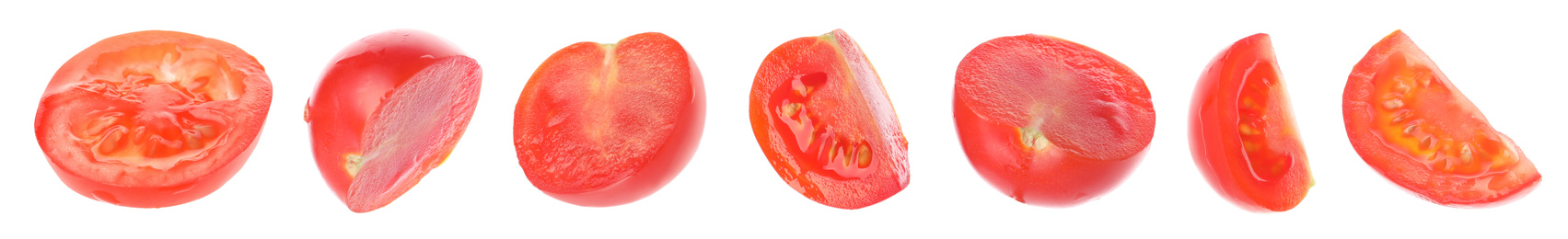 Cut cherry tomatoes on white background. Banner design