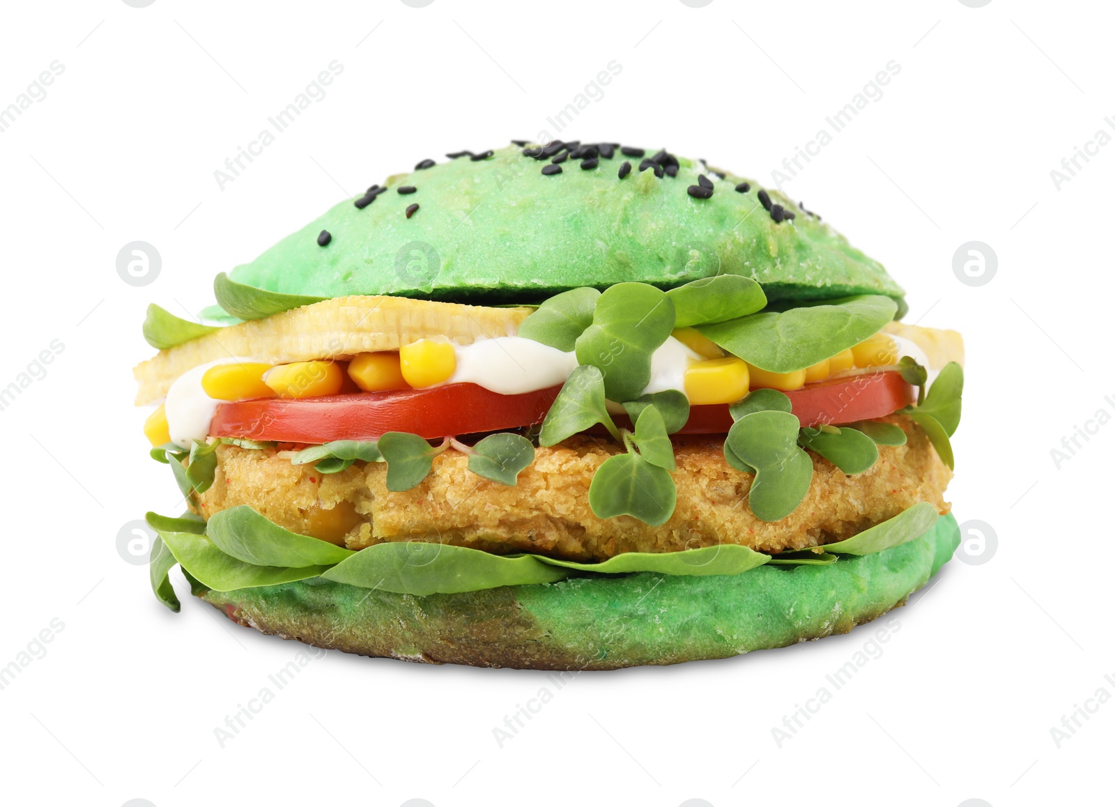 Photo of Tasty green vegan burger with vegetables, patty and microgreens isolated on white