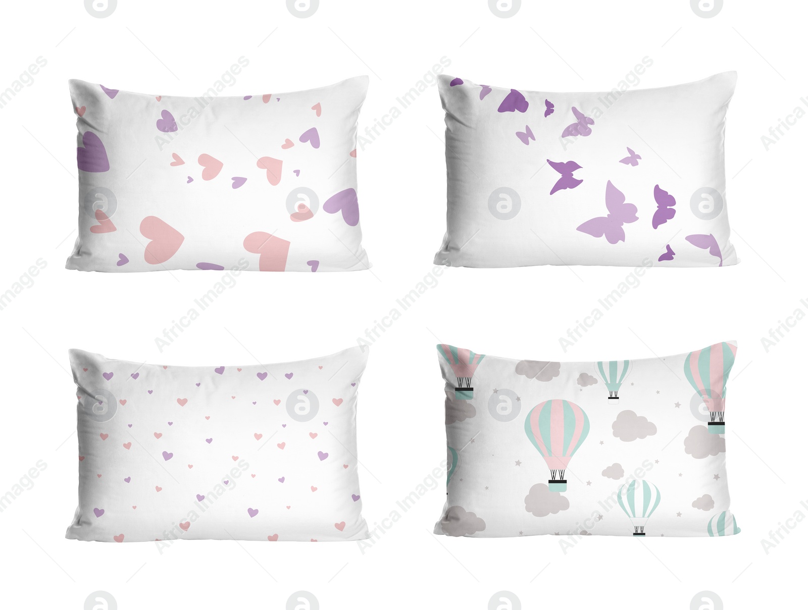 Image of Soft pillows with cute prints isolated on white, set