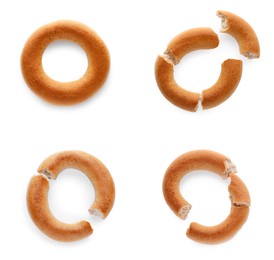 Ring shaped Sushki (dry bagels) on white background, top view