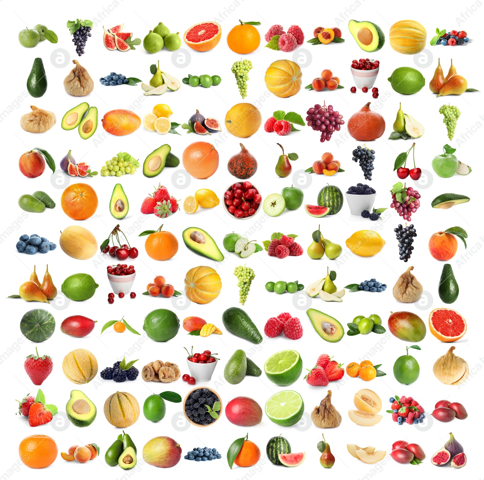 Image of Set of fresh ripe fruits and berries on white background