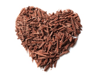 Photo of Heart made with milk chocolate crumbles on white background, top view