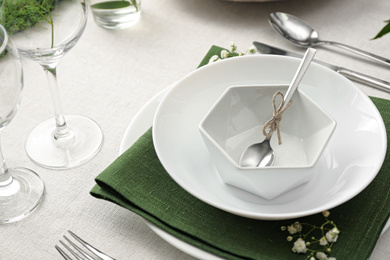 Stylish tableware and plants on table. Festive setting