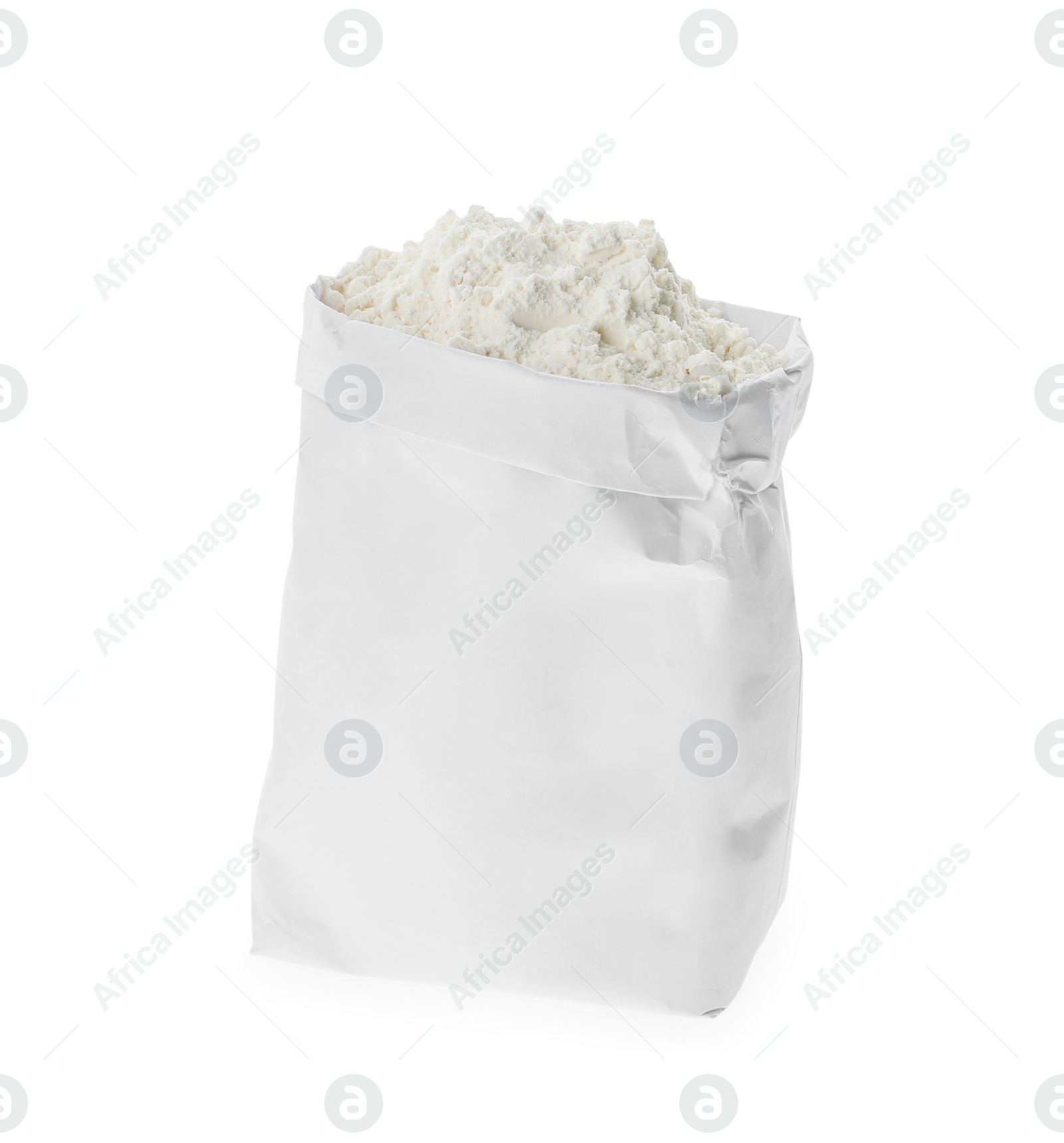 Photo of Organic flour in paper bag isolated on white