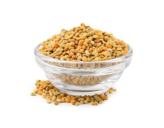 Photo of Fresh bee pollen granules in bowl isolated on white