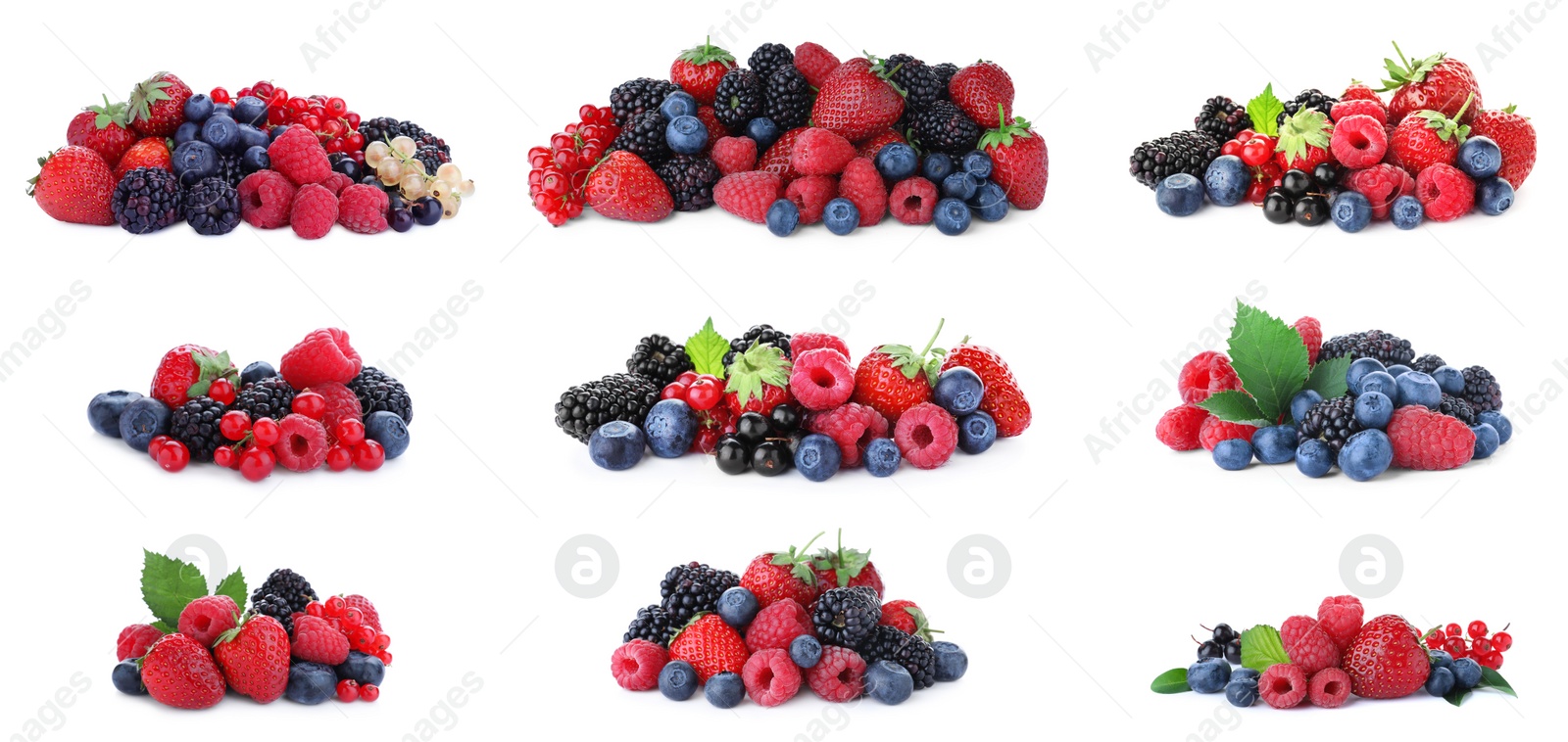 Image of Set of different mixed berries on white background, banner design 