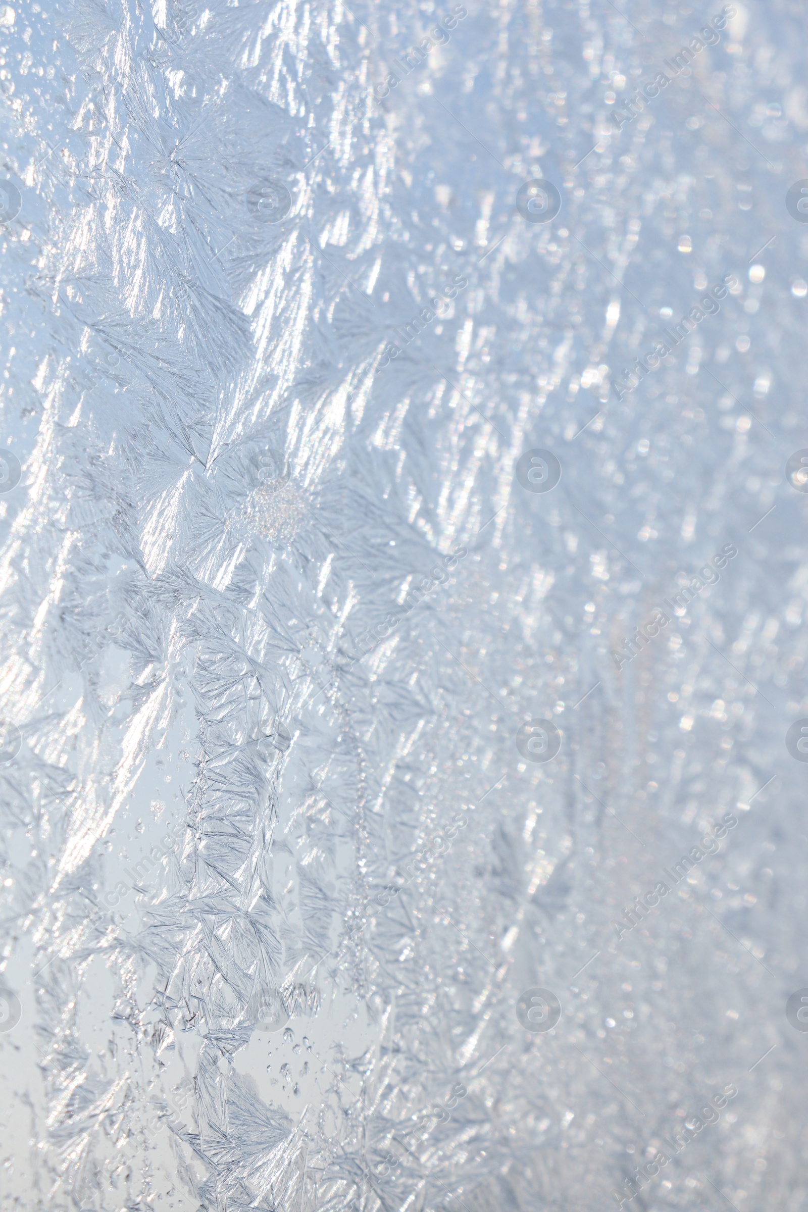 Photo of Beautiful frosty window as background, closeup. Winter morning