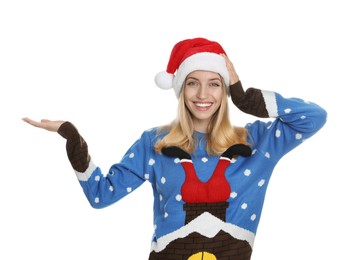 Photo of Woman in Santa hat on white background. Christmas countdown