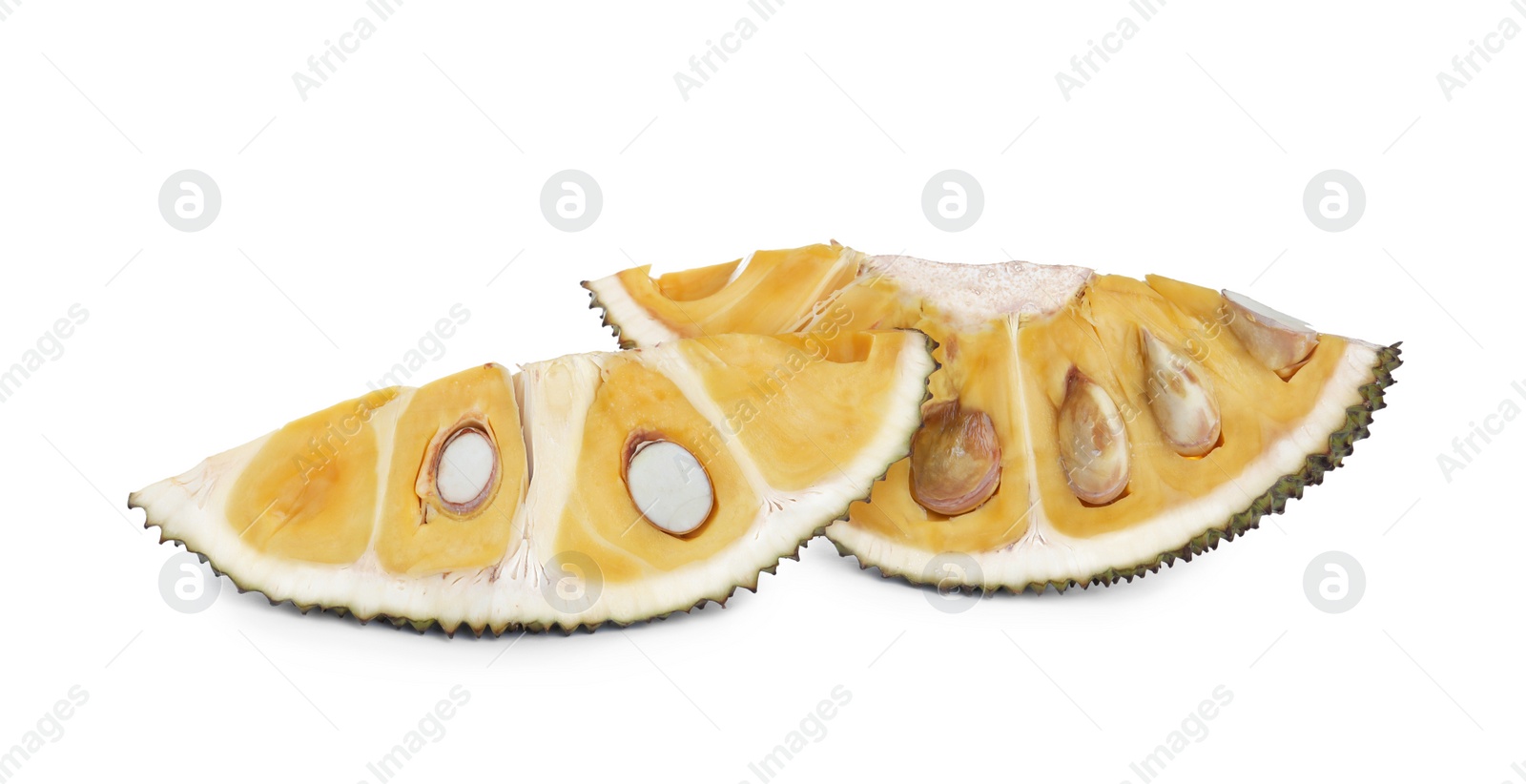 Photo of Slices of delicious cut fresh exotic jackfruit on white background