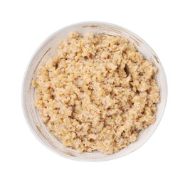Photo of Tasty wheat porridge in bowl isolated on white, top view