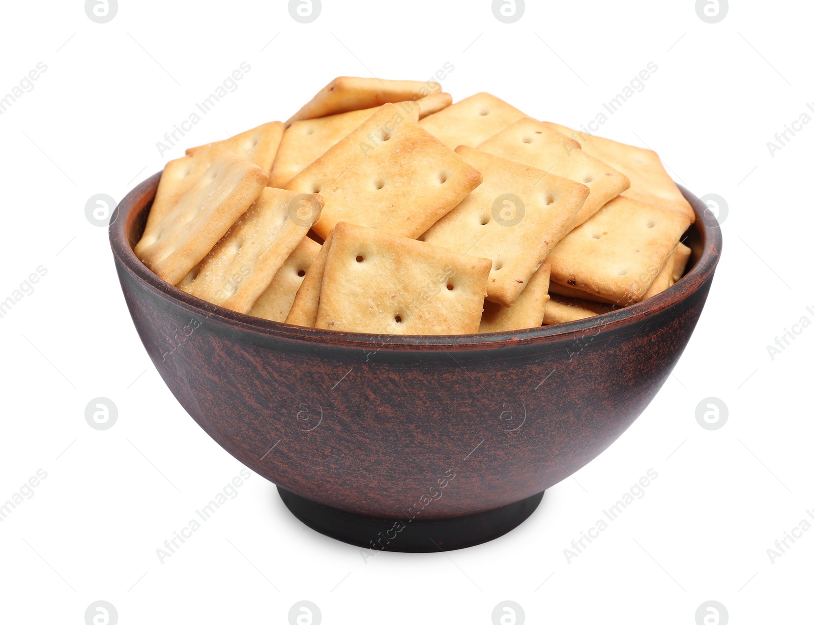 Photo of Tasty crackers in bowl isolated on white