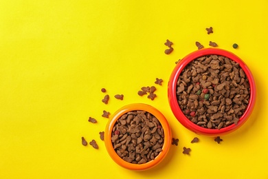 Photo of Bowls with food for cat and dog on color background. Pet care