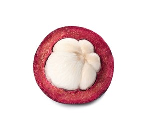 Photo of Open fresh mangosteen fruit on white background