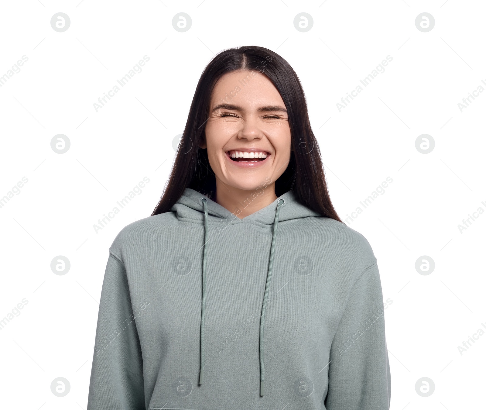 Photo of Beautiful young woman laughing on white background