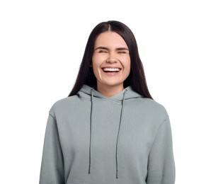 Photo of Beautiful young woman laughing on white background