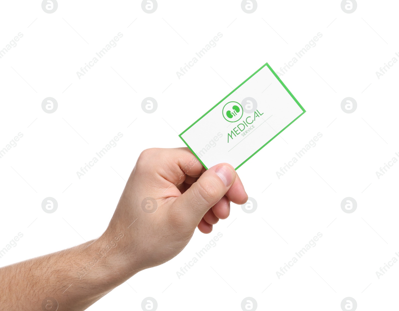 Photo of Man holding medical business card isolated on white, closeup. Nephrology service