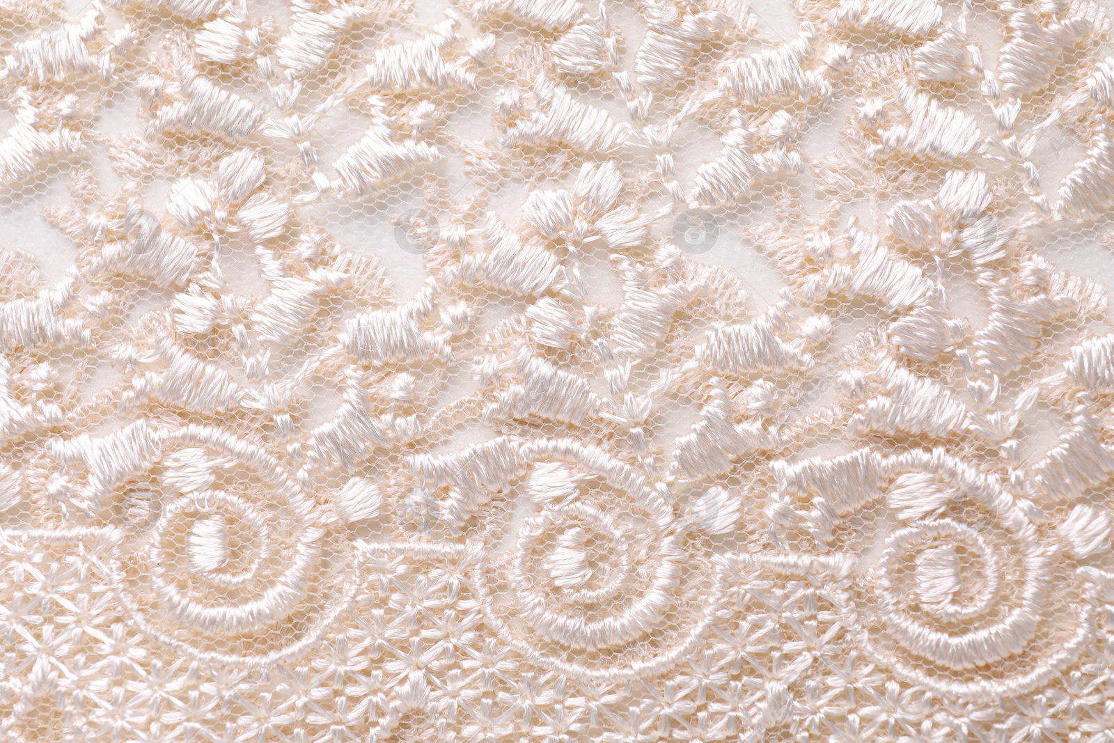 Photo of Beautiful beige lace as background, top view