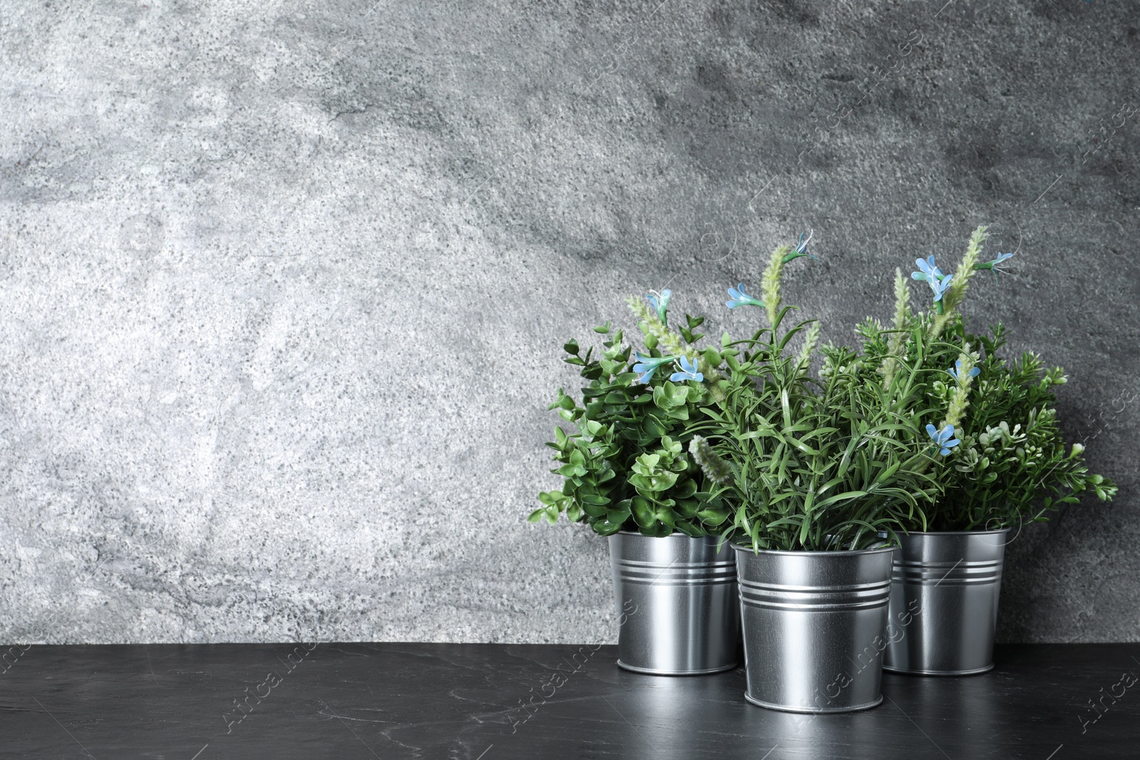 Photo of Different artificial potted herbs on black marble table, space for text