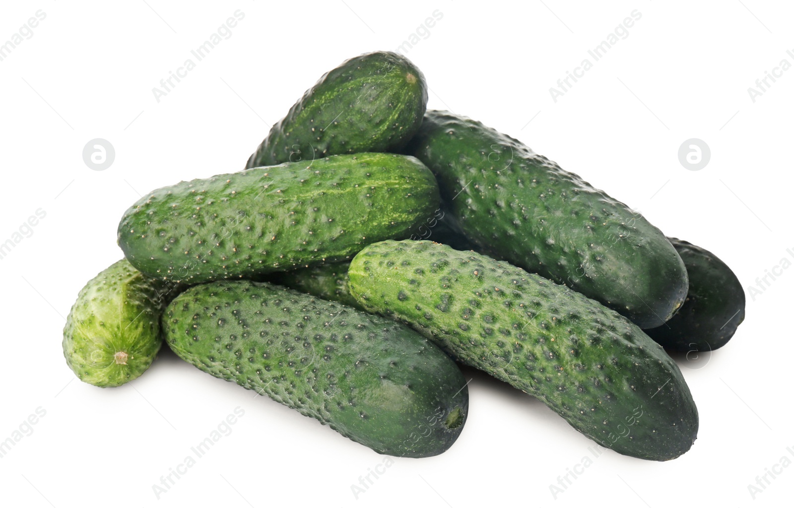 Photo of Heap of fresh ripe cucumbers on white background