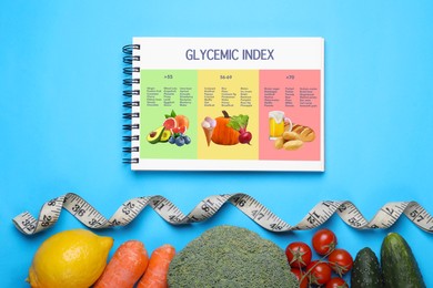 Image of Glycemic index. Information about grouping of products under their GI in notebook, measuring tape, fruits and vegetables on light blue background, flat lay