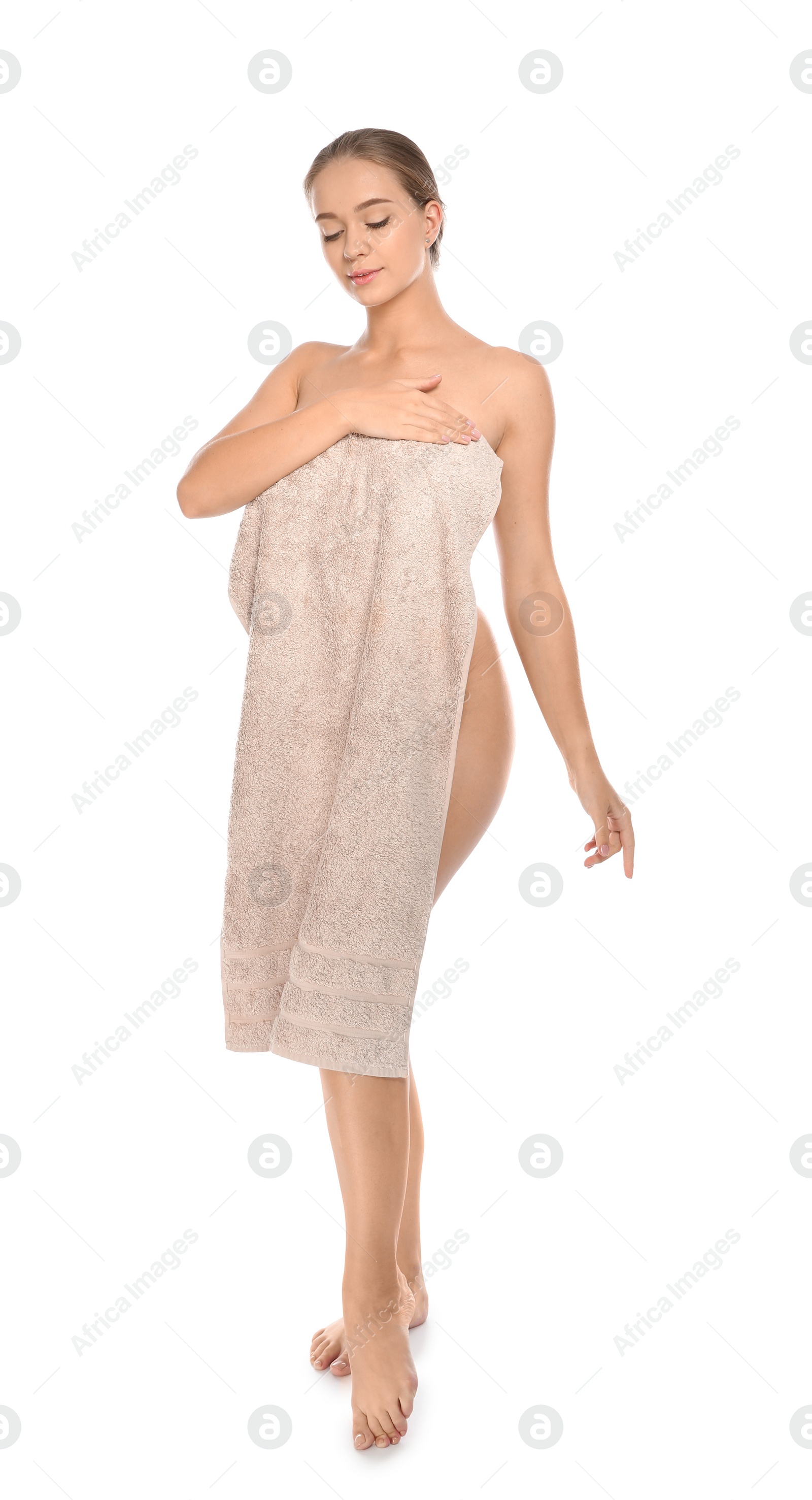 Photo of Full length portrait of young pretty woman with towel on white background