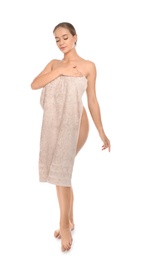 Photo of Full length portrait of young pretty woman with towel on white background