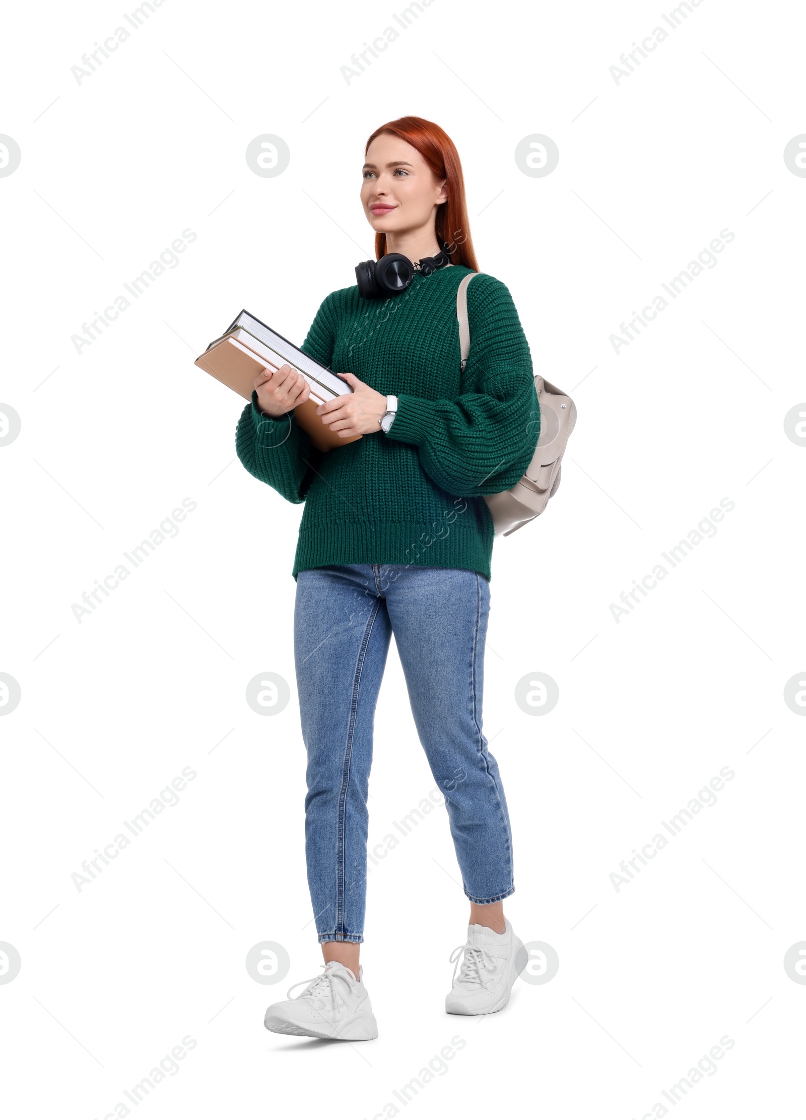 Photo of Woman with backpack and books on white background